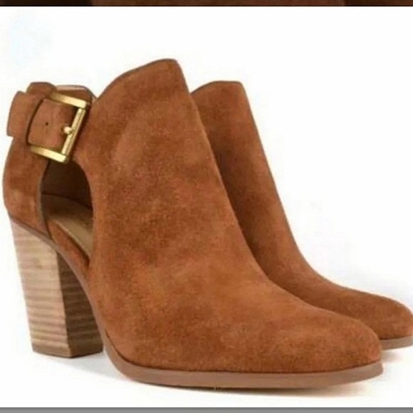 Michael Kors cognac suede leather boots heel with zipper and gold buckle size 10 - Picture 3 of 16